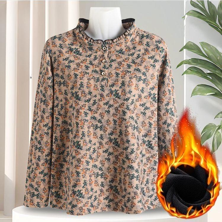 Printed Plus Velvet Bottoming Shirt Top Floral Long-sleeved Women's Stand-up Collar Warm T-shirt