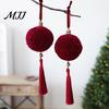 Decorative Balls with Tassels Burgundy Flocked Christmas Ball Ornaments and Gold Beads, Retro Velvet Texture Hanging Pendants for Holiday Tree