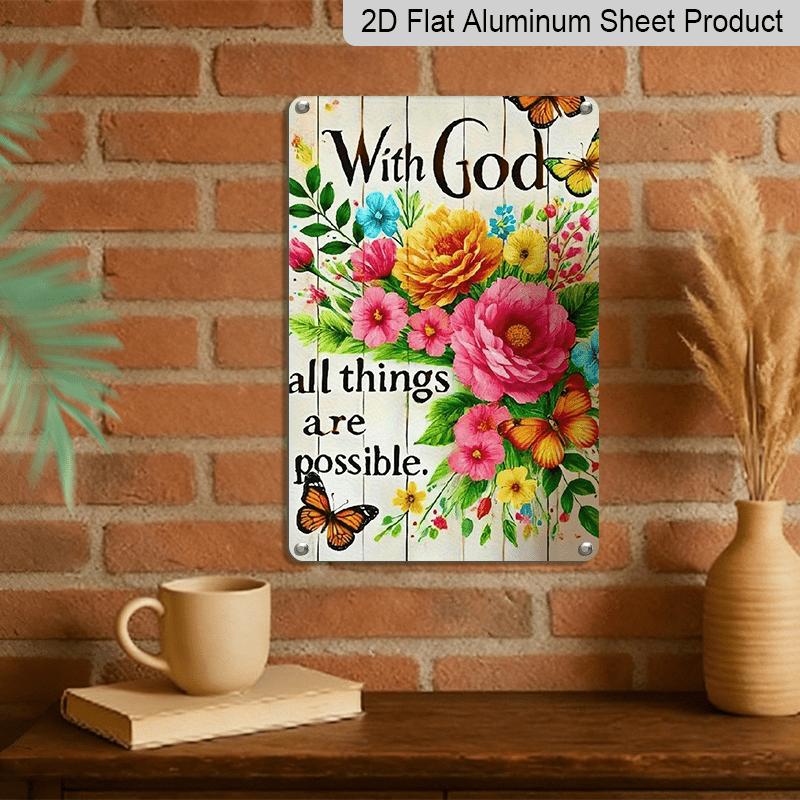 2D Flat 1pc Vintage Metal Wall Art Sign "with God All Things Are Possible" - Floral & Butterfly Bible Verse Decor, 12x8 Inch Rustic Farmhouse
