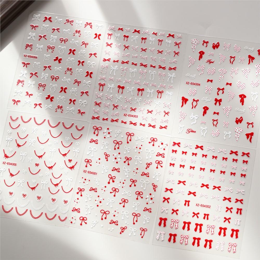 6pcs 3D Red White Bow Ribbon Nail Stickers Cute Polka Bowknot Dot French Lines Nail Decals 8*10cm Self-adhesive Bow Nail Decora