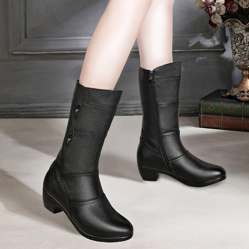 Winter New Medium Boots Fleece Thickened Thick Heel Mother Boots Side Zipper Women's Fashion Boots