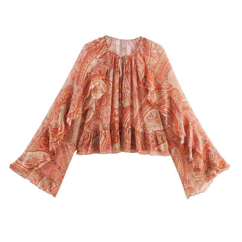 Zbzr Spring New Arrival Women's Clothing Fashion Style Round Neck Paisley Print Bell Sleeve Ruffles Loose Tops