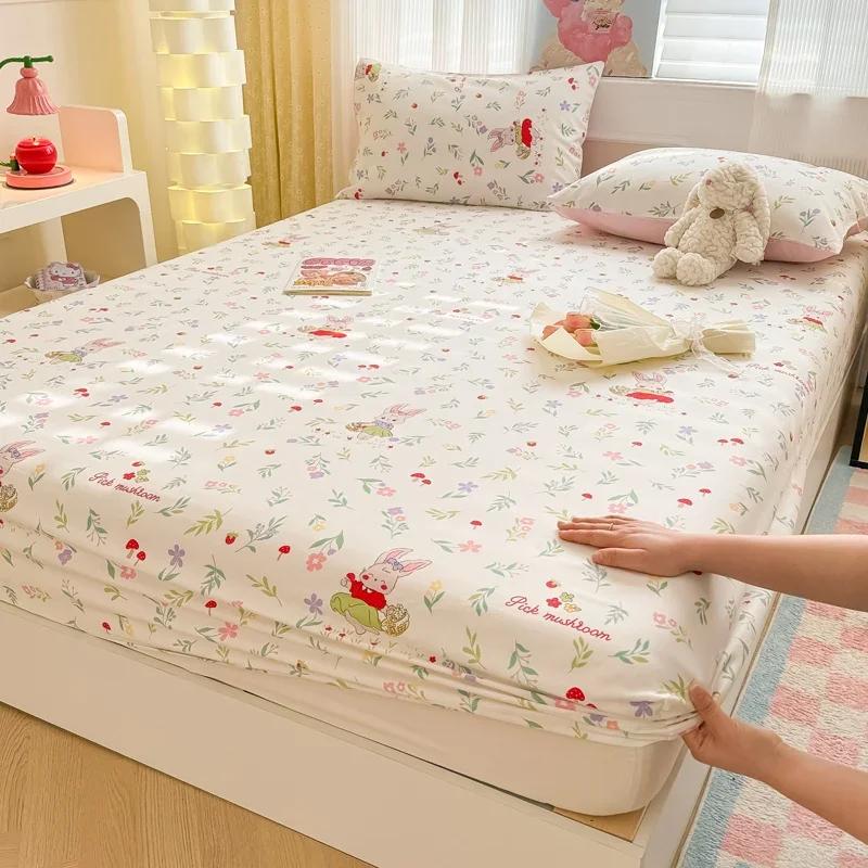 1 Pc 100%Cotton Bed Sheet Cartoon Fish Printed Fitted Sheet with Elastic Band Single/Queen/King Pure Cotton Bed Botton Sheets