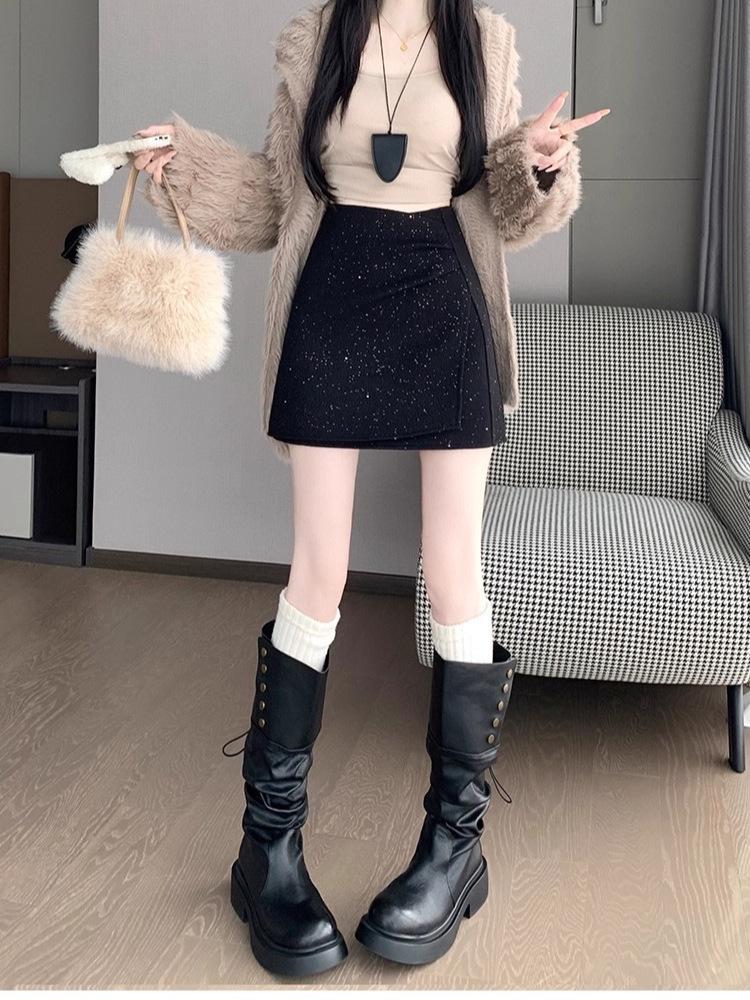 

Women s High-Waisted Irregular Pleated Wool Blend A-Line Skirt with Sequins - Autumn/Winter 2025 Collection 4XL (recommended 150-165 jin)