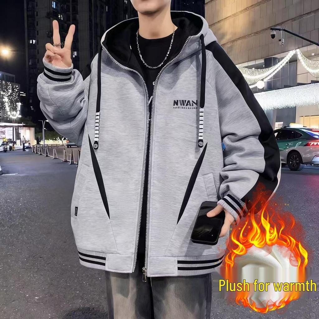 Men's Winter Fleece-Lined Hooded Baseball Jacket - Loose Fit, Plus Size Trend.