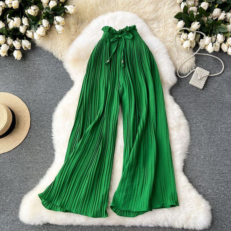 

Summer Wear High Waist Strap All-Matching Casual Pants Women s Chubby plus Size Slimming Slim Fit Draping Effect Wide Leg Pleated Pants Green One size