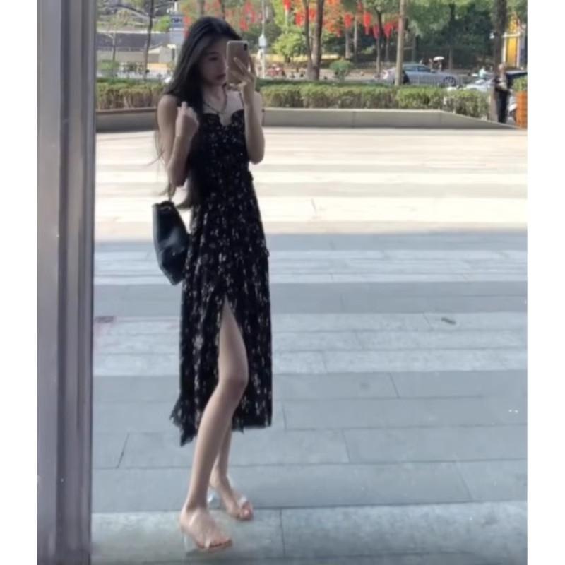 Coffee break French floral suspender dress for women's summer new seaside vacation style super good-looking temperament long skirt