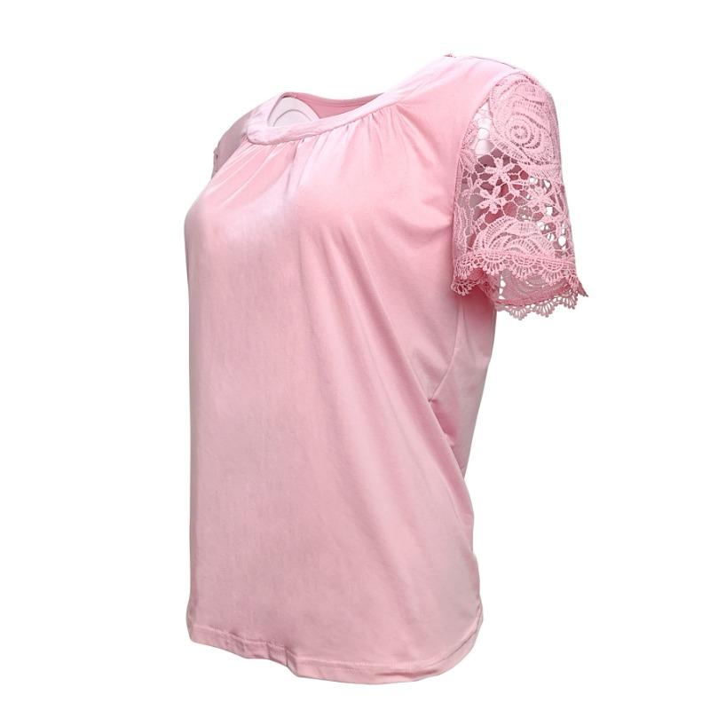 Damenmode Sommer Neu Lässig Rundhals Kurzarm Spitze Plissee T-Shirt Top