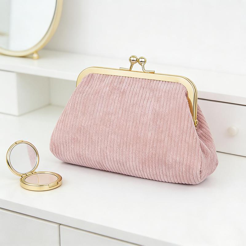 Trendy Sequined Clip Bag Women Portable Travel Makeup Bag Lipstick Corduroy Pu Storage Bag Gold-plated Metal Clip Design Wallet
