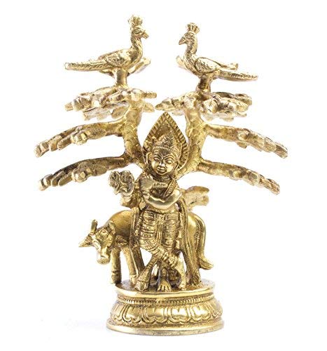 Lord Krishna Standing Under Tree Playing Flute, Krishna With Cow Idol, Brass