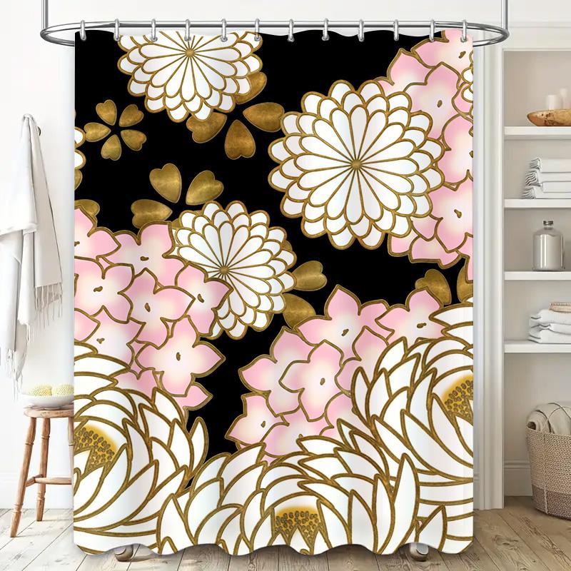 Luxury Floral Shower Curtain Set Black Gold, Pink White Waterfall Print Bath Mat Decor For Bathroom Home Decoration Accessories