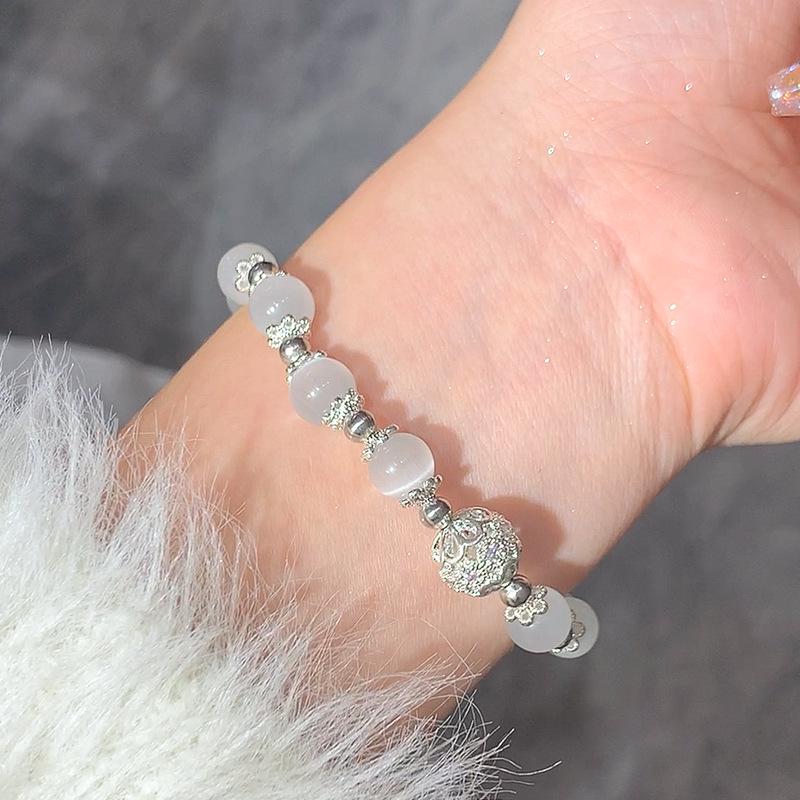 Ice Clear Crystal Cat's Eye Beaded Bracelet - Women's High-End Chinese Style Moonstone Jewelry
