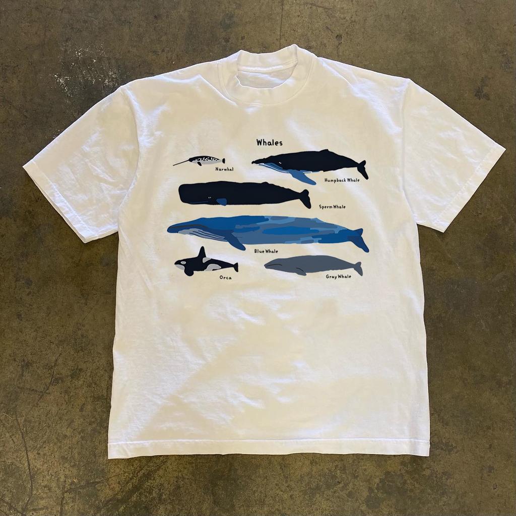 2026 Summer Vintage Simple Whale Species Marine Life Chart Tshirt Unisex Baggy Oversized Jfashion Casual Pure Cotton White Tee