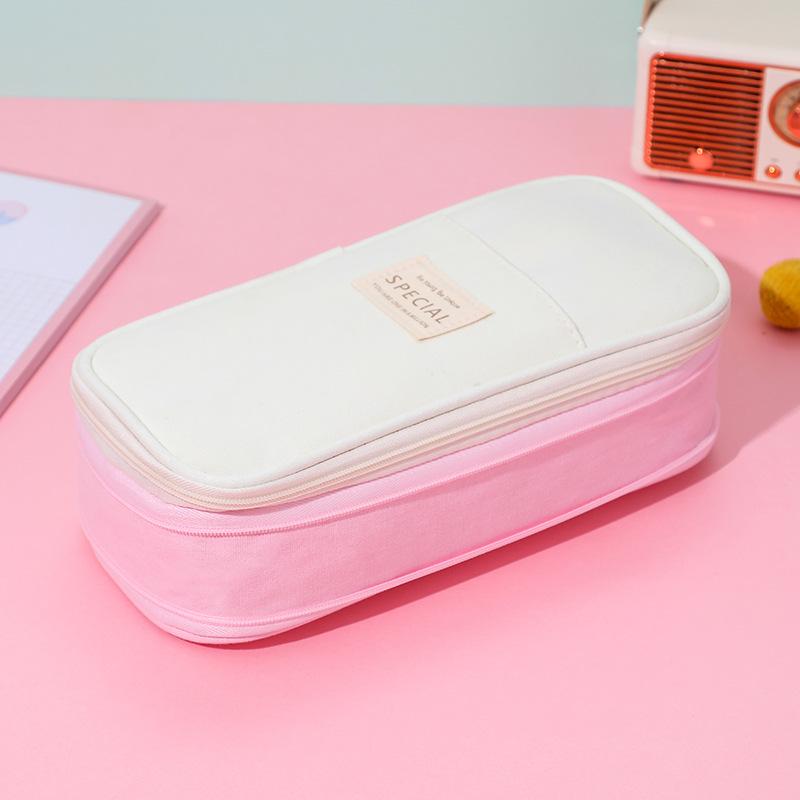 Colorblock Canvas Telescopic Pencil Case, Multifunctional Double Zipper, Convertible, Large Capacity Pencil Bag for Students