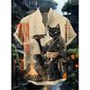 Herren Hemd mit Katzenprint, Kurzarm, Retro Stehkragen Casual Top, Atmungsaktives Slim Fit Hemd, Outdoor Casual Hawaiihemd
