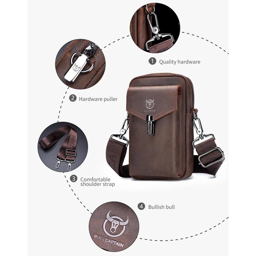 BULLCAPTAIN Men's Genuine Leather Crossbody Phone Bag Vintage Cowhide Mini Shoulder Bag Casual Travel Sling Pouch Waist bag