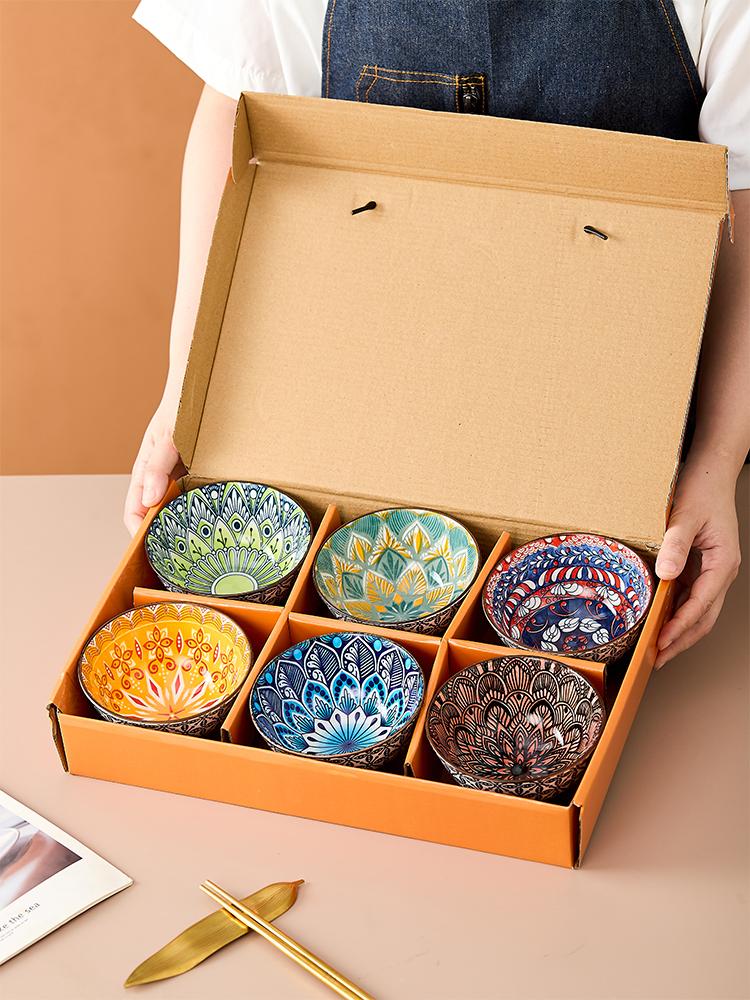 6-Piece Bohemian Mandala Ceramic Bowls - Dishwasher & Microwave Safe, Perfect for Cereal, Soup, Pasta, Salad, Ice Cream Bowls