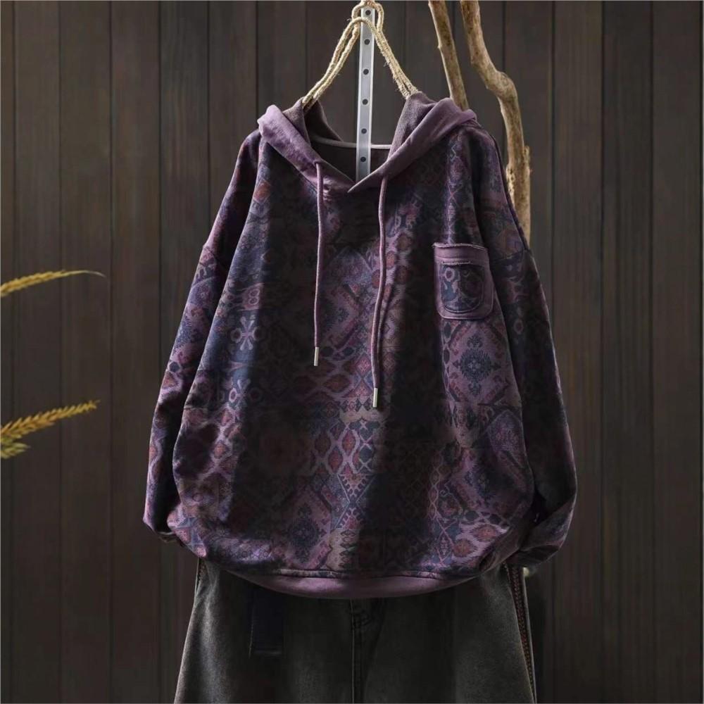Johnature Women Vintage Hooded Pullover Sweaters Print Floral Patchwork Pockets Autumn Knitted Casual Female Sweaters