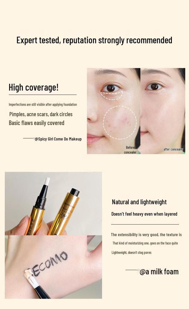 GECOMO Press-Type Concealer Pen: Covers Dark Circles, Acne Scars, Blemishes & Brightens Tear Troughs with Liquid Cream