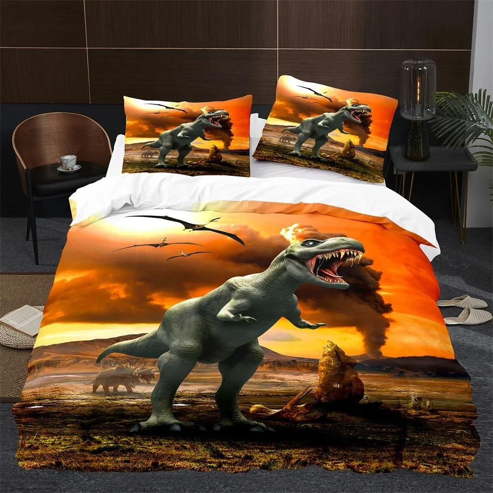 BCartoon Dinosaur Duvet Cover King Queen Size Jurassic World Theme Bedding Set for Kids Boys Ancient Animal Polyester Quilt Cove