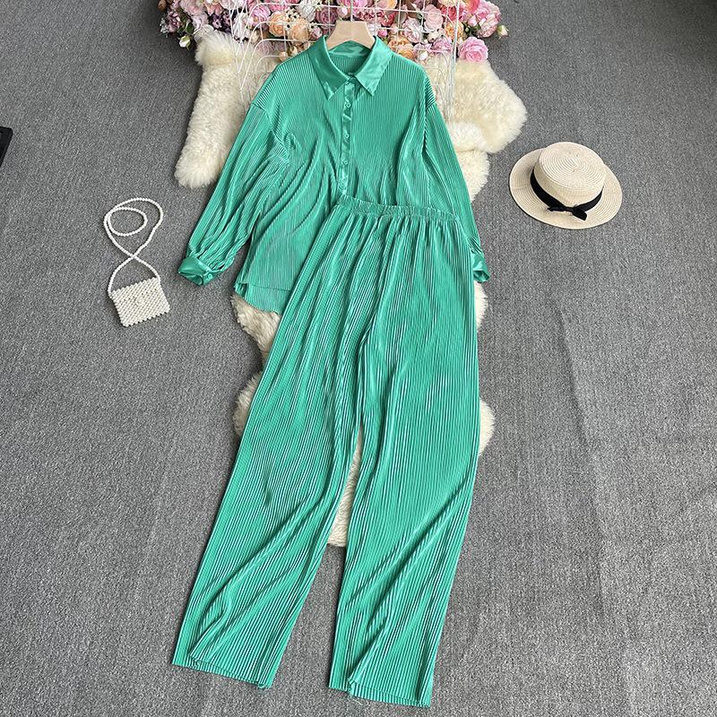 

Women s Cross-Border Fashion Set: Loose Pleated Shirt & High-Waisted Wide-Leg Pants One Size светло-зеленый