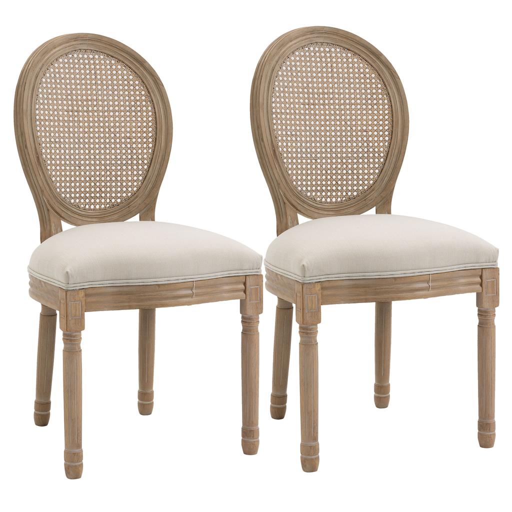 Set of 2 Living Room Chairs in Vintage Style with Openwork Backrest, in Wood and Fabric, 49x56x96cm, Cream White
