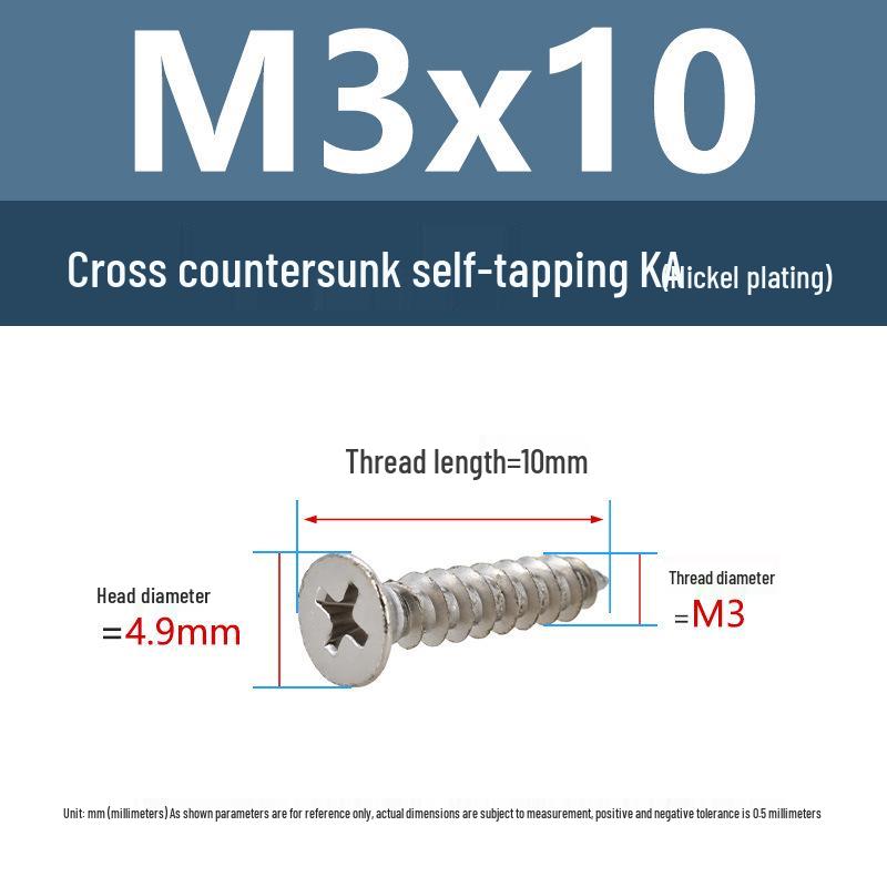 YiguYigu Nickel-Plated Phillips Flat Head Self-Tapping Screws M1-M5, Carbon Steel