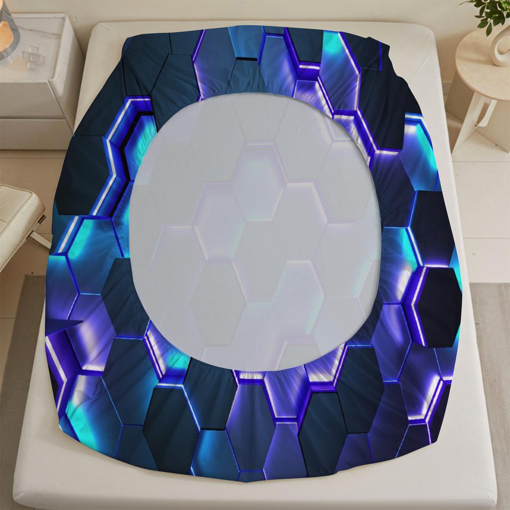 3pcs Hexagon Pattern Flat Sheet 3D Printed Blue Purple Geometric Fitted Sheet Sets With Pillowcases No Filling Cool Visual Style
