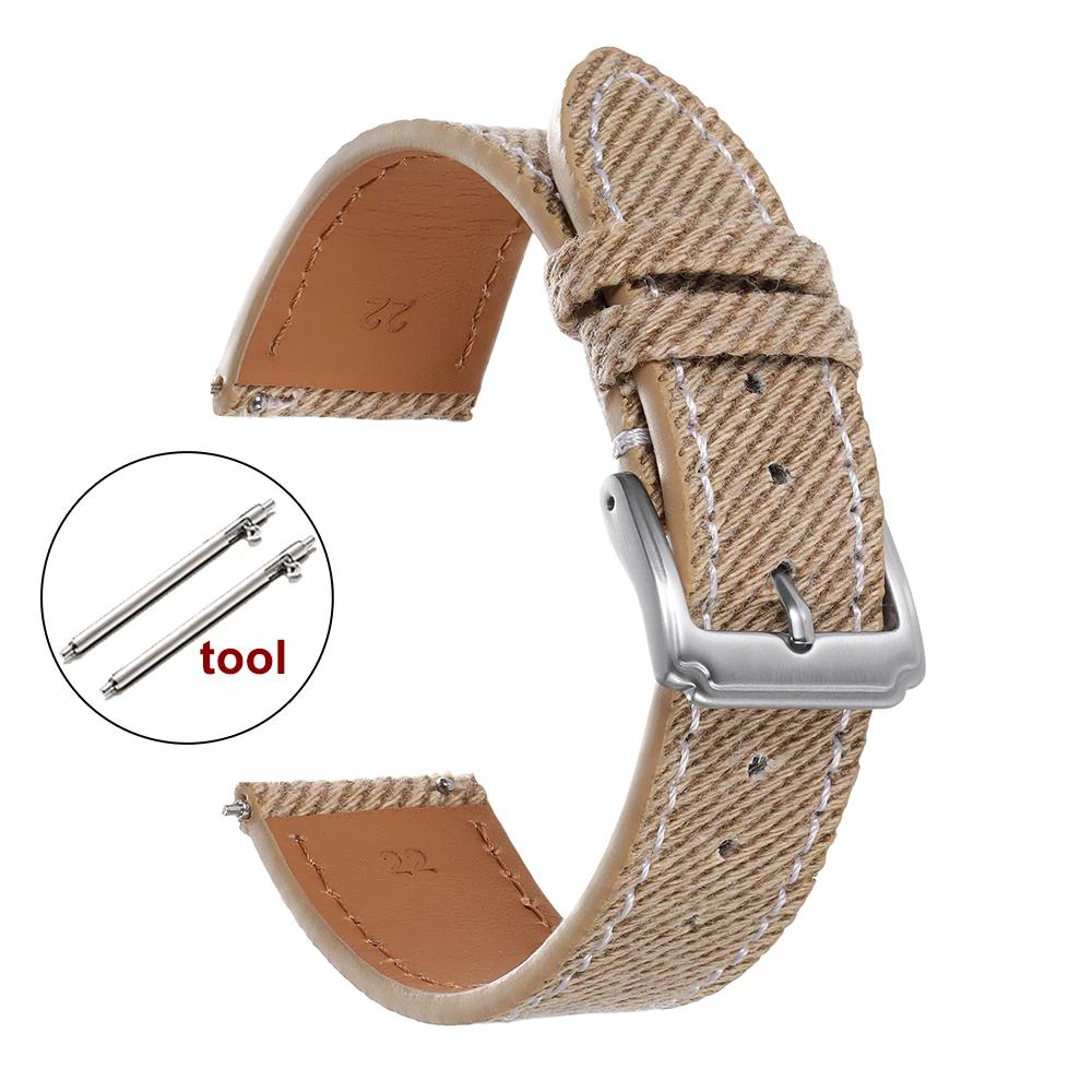 Vintage Denim Watch Strap Handmade Stitching Cowhide WatchBand 18mm 20mm 22mm Men‘s Universal Smartwatch Wristband Quick Release