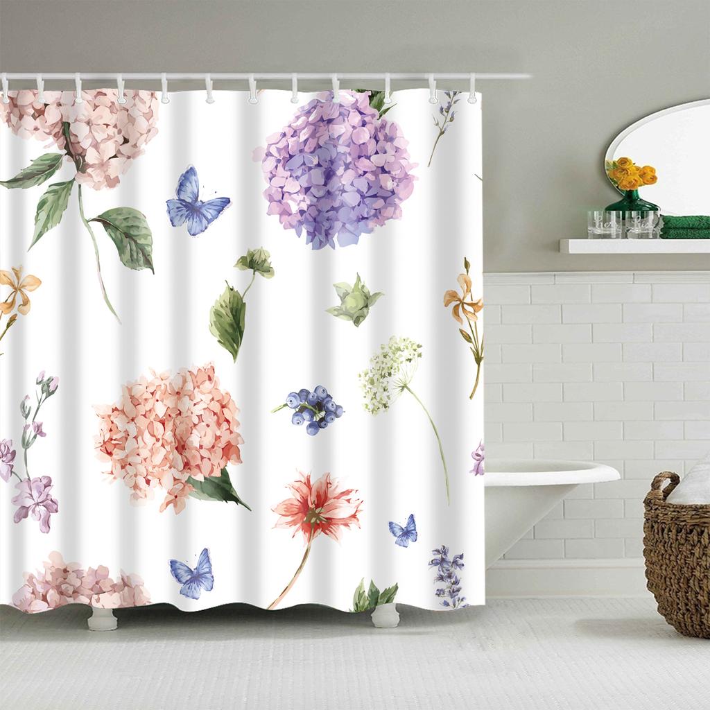 Garden Flower Shower Curtain Botanical Floral Printed Bathroom Curtain Polyester Fabric Home Decor Bathtub Screen with Hooks