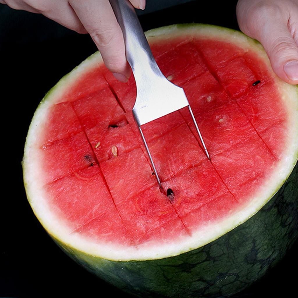 Wassermelonen-Gabel Edelstahl Obstschneidegabel Tragbarer Doppelkopf Sommer Wassermelonenschneider