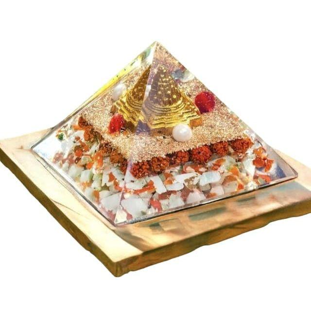 Natural Orgone Gomti Chakra Shree Yantra Pyramid with with Red & White Chirmi Seeds for Wealth, Prosperity, Success