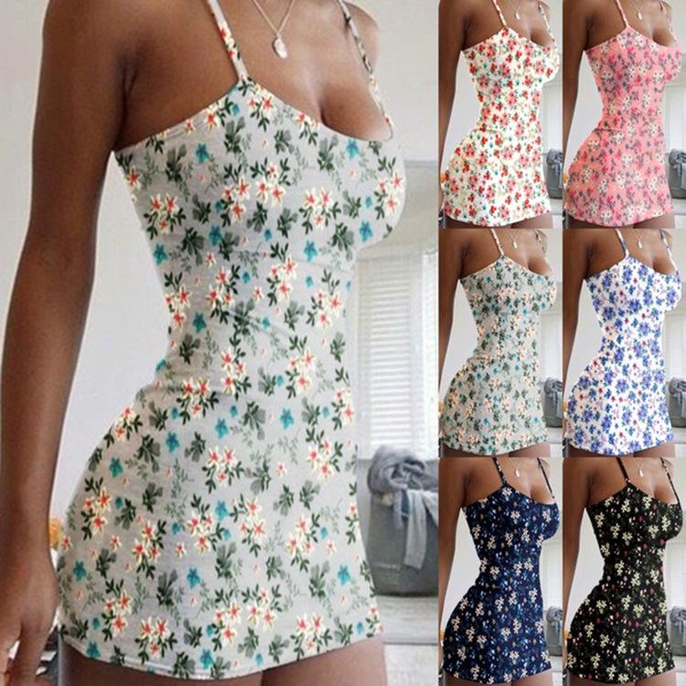 Vestido de tirantes finos Estampado Camisola Sexy Escote bajo Sin mangas Vestidos ajustados al cuerpo Suelto Tirantes Vestido de playa mini Vestido casual de tirantes