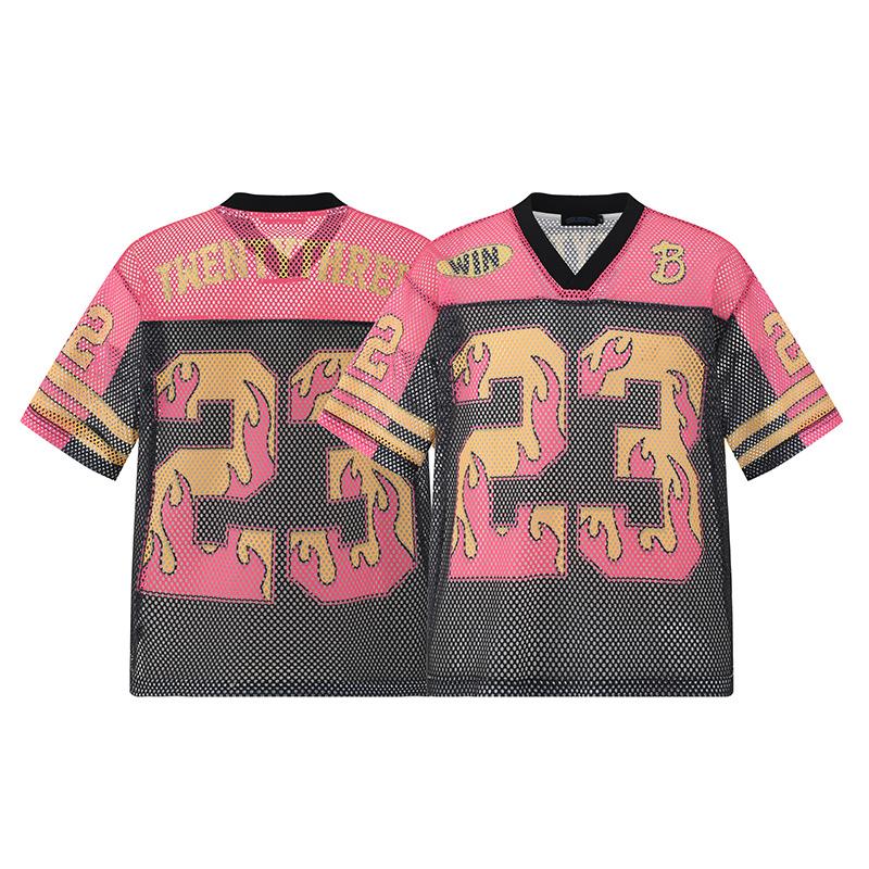 Trendy Brand Men'S T-Shirt American Retro Hip-Hop Letter Printing Mesh Casual Couple Sports Jersey Men And Women