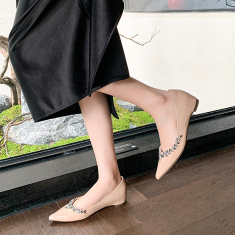 Rhinestone Ladies Pointed Toe Flat Soft Sole French Style Heightened Shallow Mouth Elegant Single Shoes