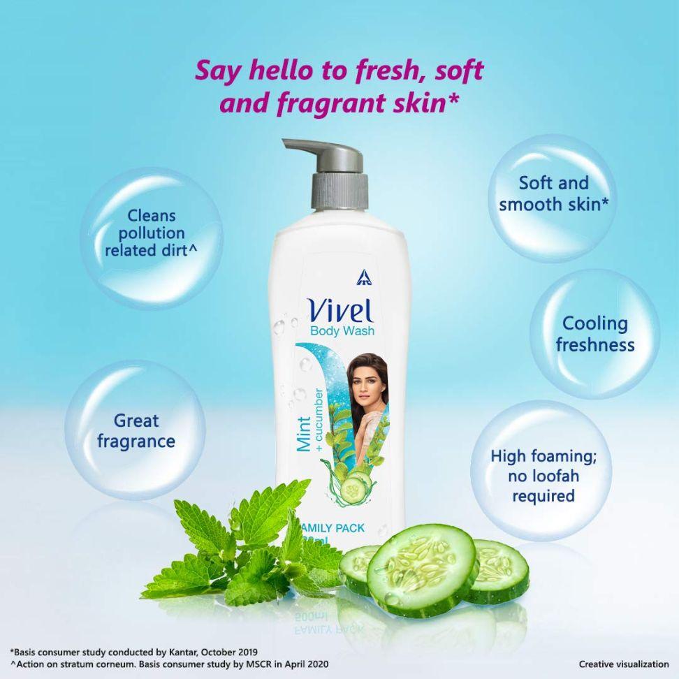 Vivel Body Wash, Mint & Cucumber Shower Creme, Cooling And Moisturising, For Soft And Smooth Skin, High Foaming Formula, 500ml Pump