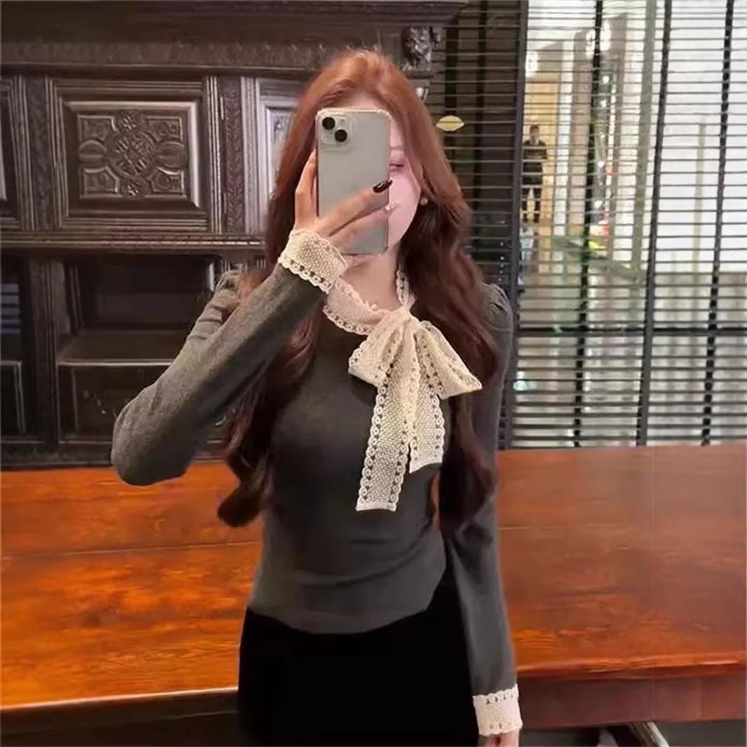 Women s Spring Slim Fit French Bow Tie Long Sleeve T-Shirt M серый