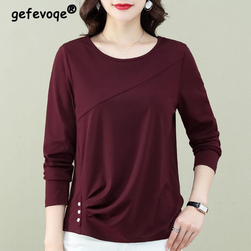 

Женская элегантная модная базовая хлопковая футболка с драпировкой, весна-осень, повседневная однотонная свободная футболка, пуловер с длинным рукавом, топы Ropa De Mujer XXXL фиолетовый