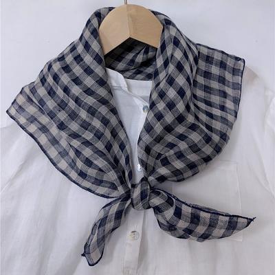 Literary And Elegant Yarn-Dyed Linen Plaid 70Cm Small Square Scarf, Neck Protection Japanese Simple And Versatile Small Scarf