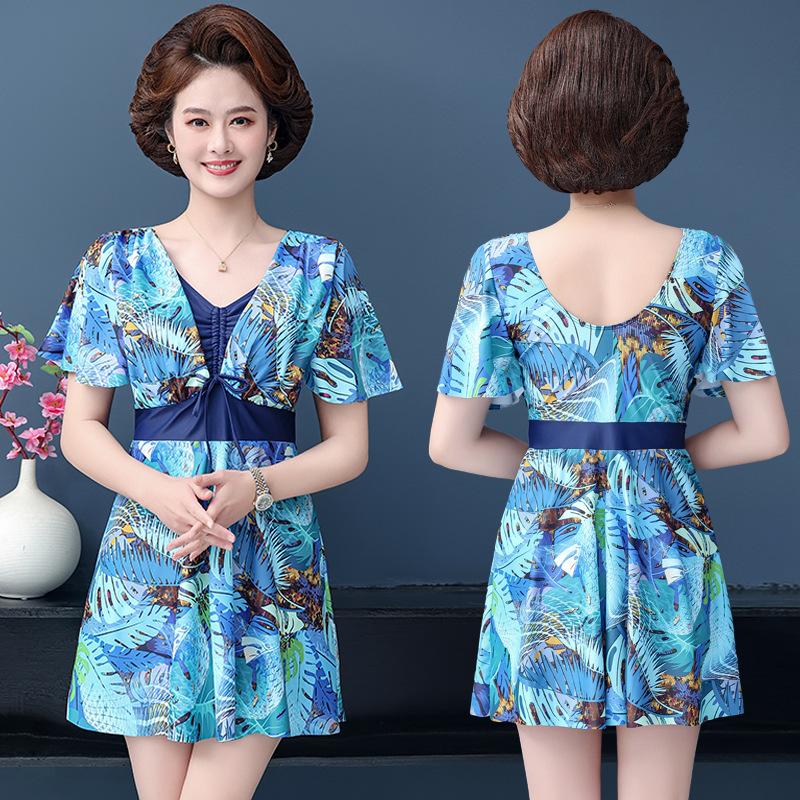 Large Size Middle Aged Women Two Pieces Modest Swimsuit Printed Drawstring Swim Dress Boyshorts Swimwear Set Short Sleeves Hot Spring Bathing Suit