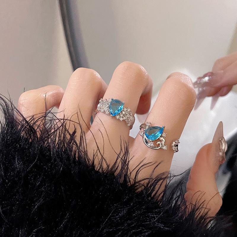Fairy Wind Aquamarine Niche Design Sense Open Ring Light Luxury Premium Water Drop Full Diamond Index Finger Ring Stacked Wear Ring