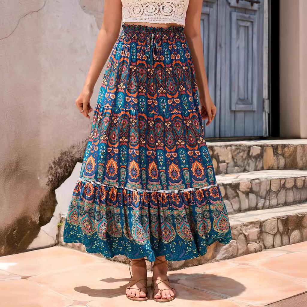Holiday wind hollow lace splicing human cotton skirt exotic wind high waist thin swinging beach skirt