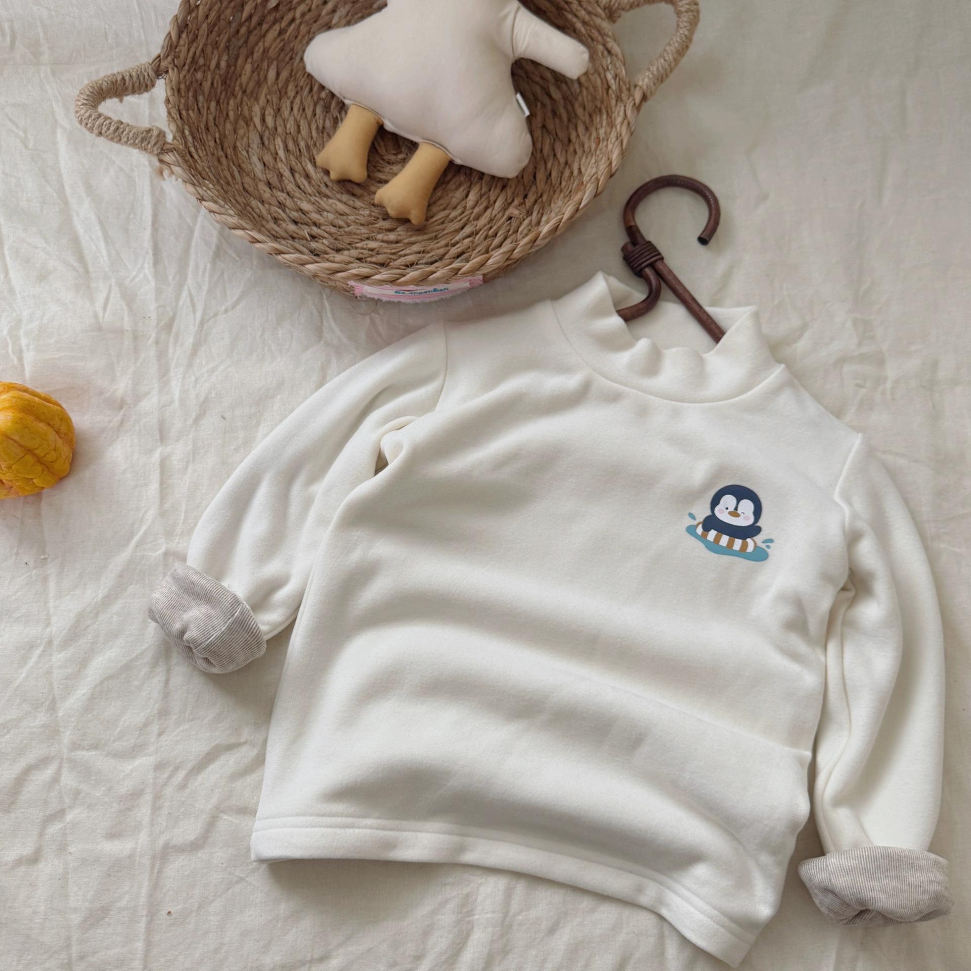 Cartoon Penguin Embroidered Half Turtleneck Long Sleeve Thickened Baby Base Layer for Boys and Girls 80
