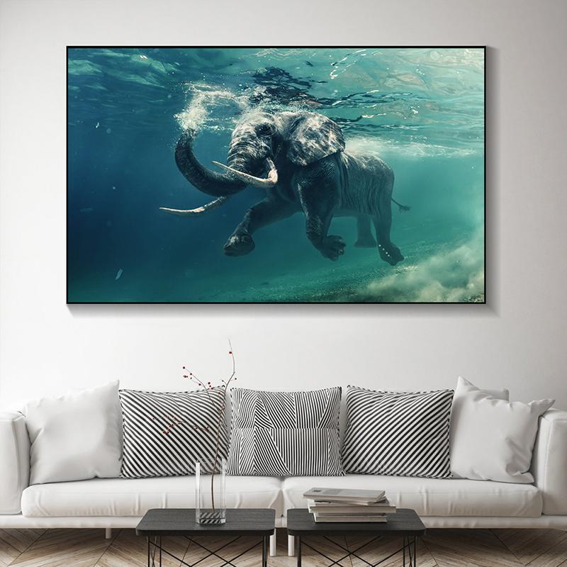 Animal African Elephant Swim in the Ocean Canvas Painting Posters and Prints Wall Picture Modern Living Room Home Deocr No Frame No Frame
