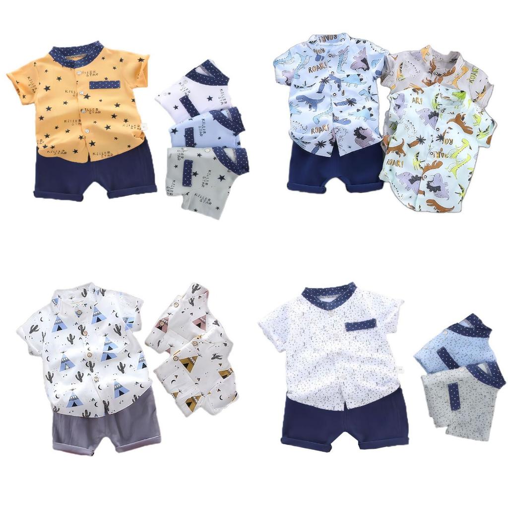 Summer Printed Pyramid Shirt Short Sleeved Shorts Set for Male and Female Infants and Young Children
