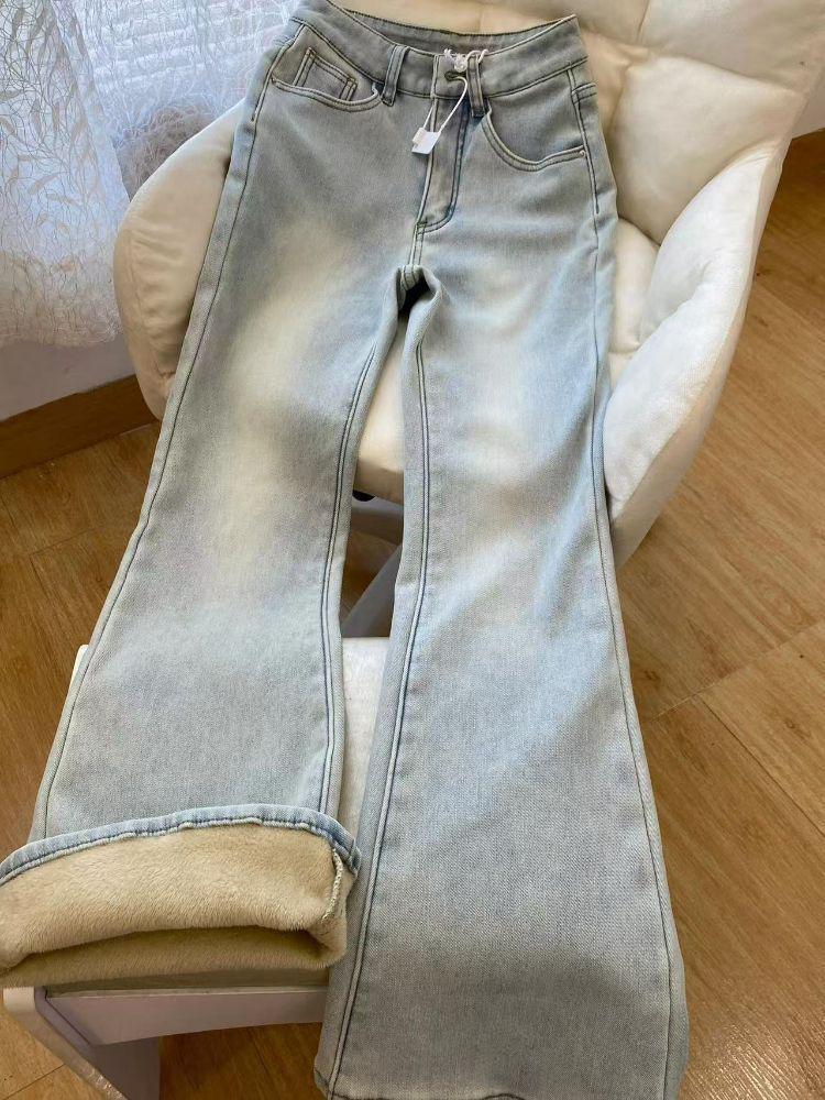 High Waist Plus-Sized Light Blue Velvet Flare Jeans for Autumn/Winter