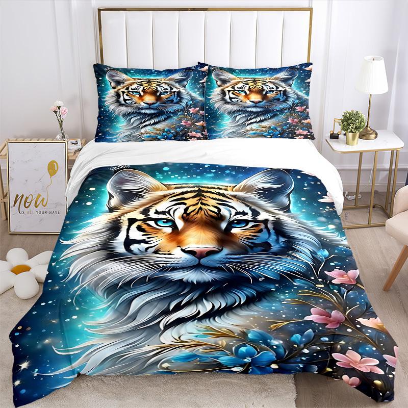 3pcs Tiger Fantasy Flowers Duvet Cover Set, Soft Comfortable Duvet Cover,Guest Room (1*Duvet Cover + 2*Pillowcase, Without Core) Yy251104130