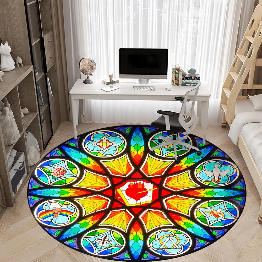 1pc Stained Glass Window Chair Carpet for Office, Round Polyester Mat, Indoor Decor for Office, Easycare Fabric, Washable Non-slip Area Carpet