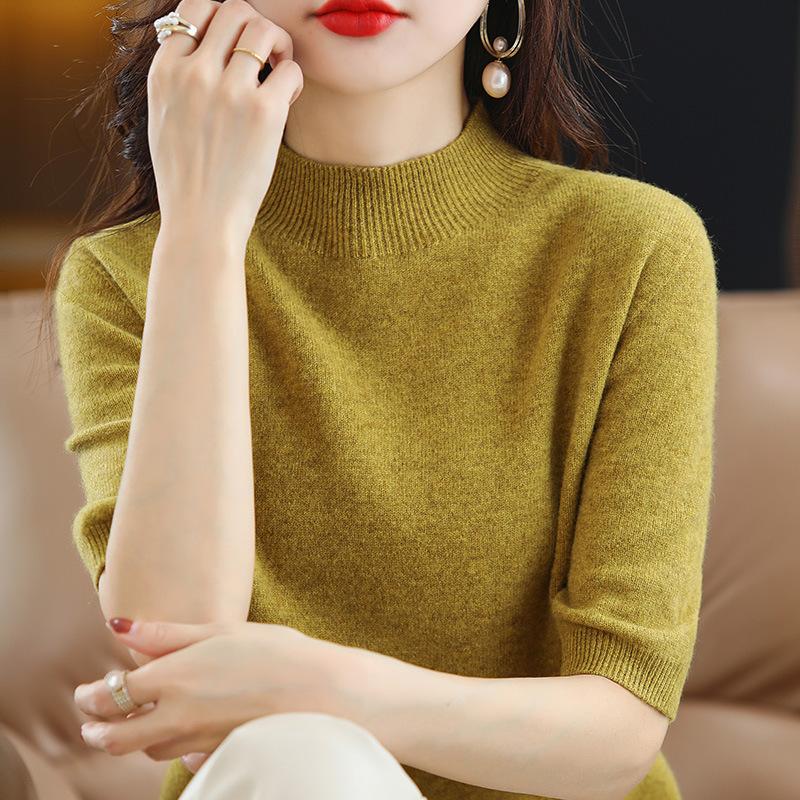 Women s Spring and Fall Half-high Neck Mid-sleeved Bottoming Shirt Knitted Five-minute Sleeve Thin Temperament Sweater 2XL