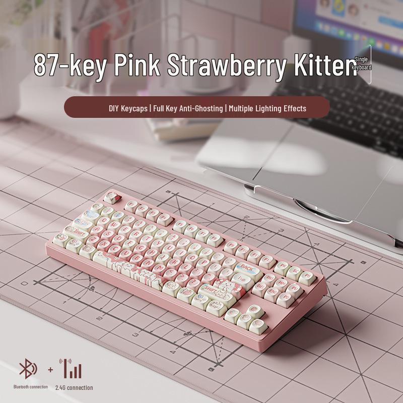 Strawberry Kitten Wireless Bluetooth Mechanical Keyboard with Universal Switches - Silent Design for Office and Gaming